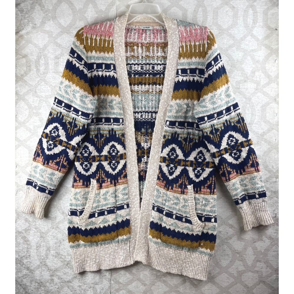 LL Bean Signature Women Small Fair Isle Open Front Cotton Cardigan Multi Sweater